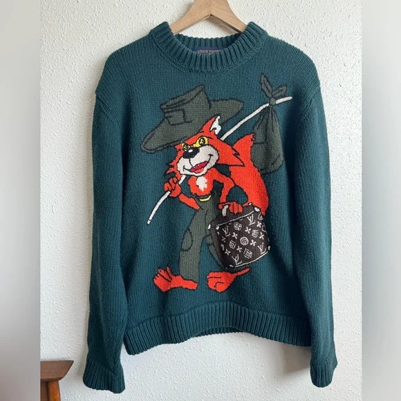RARE LOUIS VUITTON Handknit Cartoon Fox Green Sweater - Picture 2 of 12